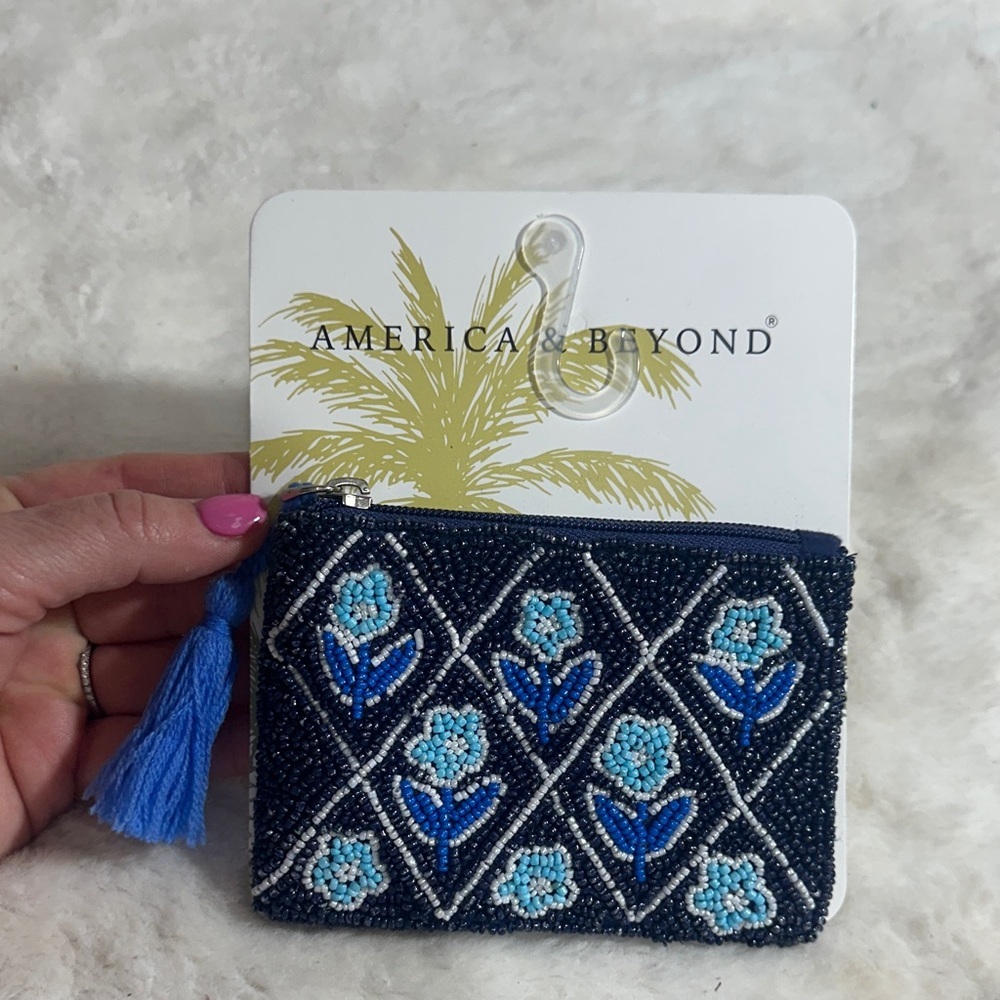 America & Beyond navy blue floral mini beaded pouch